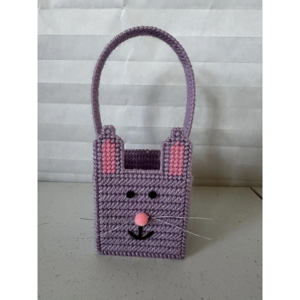 Mini Easter Basket Purple Sparkly Bunny – Colorful Plastic Canvas Handmade Gift